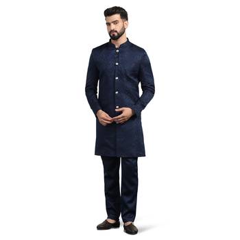 Navy Blue Jacquard Sherwani for Weddings and Parties 1