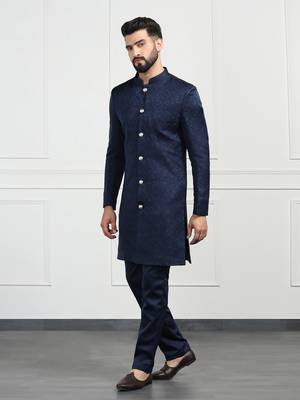 Navy Blue Jacquard Sherwani for Weddings and Parties 2
