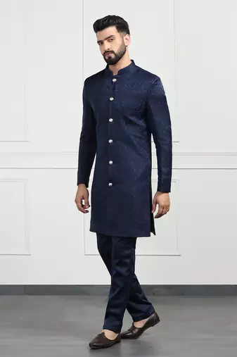 Navy Blue Jacquard Sherwani for Weddings and Parties