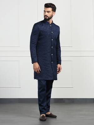 Navy Blue Jacquard Sherwani for Weddings and Parties 3
