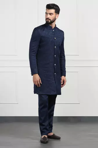 Navy Blue Jacquard Sherwani for Weddings and Parties
