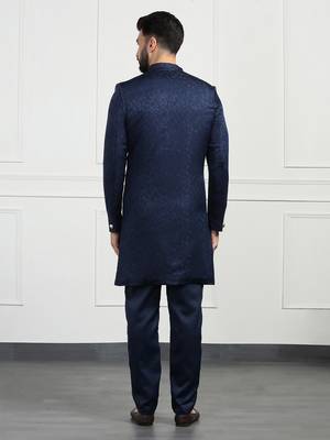Navy Blue Jacquard Sherwani for Weddings and Parties 4
