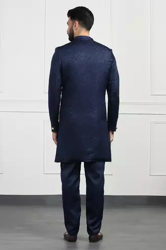 Navy Blue Jacquard Sherwani for Weddings and Parties