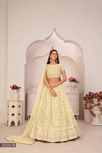 Lemon Green Net Floral Embroidered Lehenga Choli Set