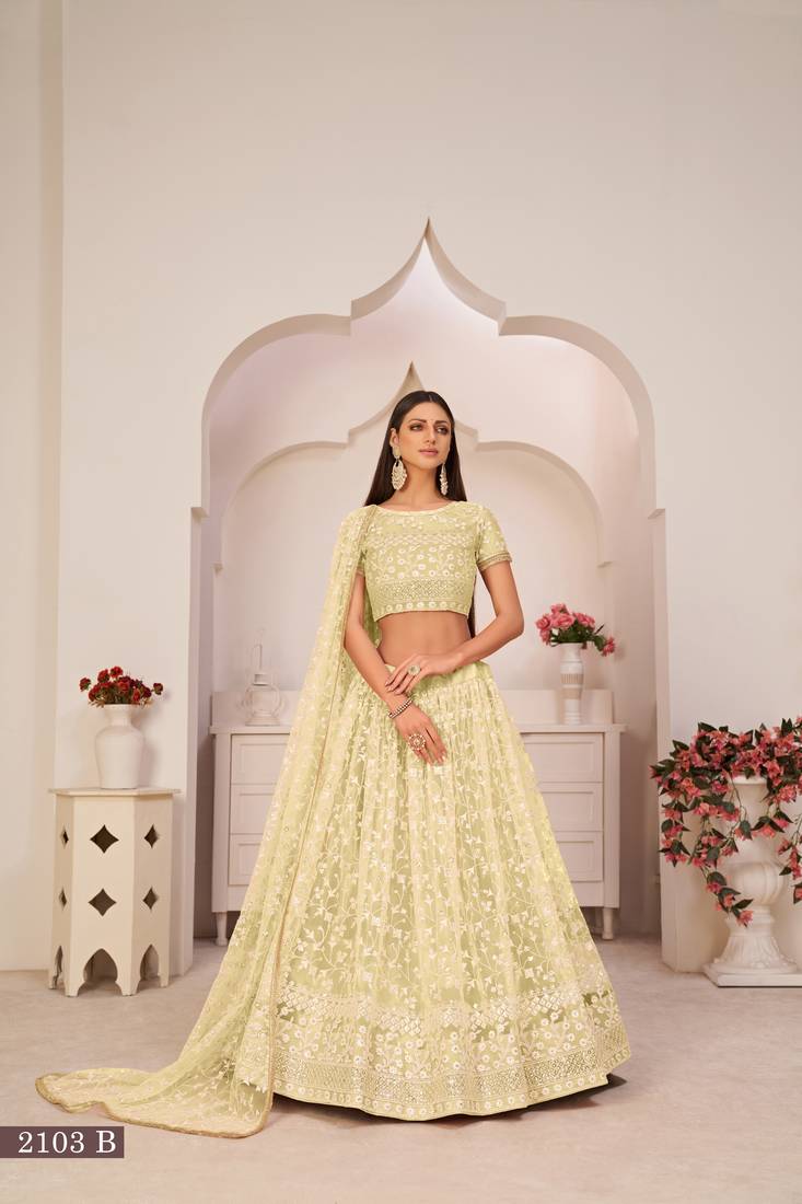 Lemon Green Net Floral Embroidered Lehenga Choli Set