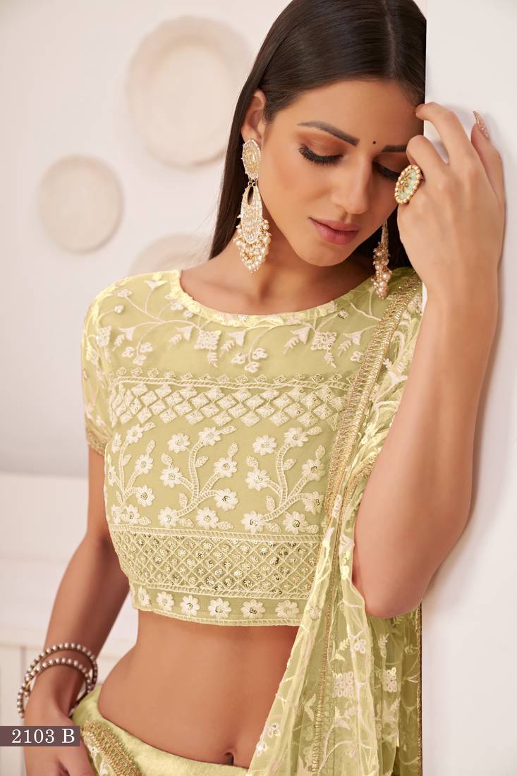 Lemon Green Net Floral Embroidered Lehenga Choli Set