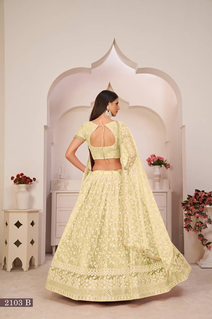 Lemon Green Net Floral Embroidered Lehenga Choli Set