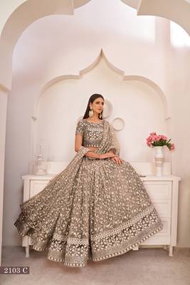 Chocolate Brown Net White Thread Zari Sequence Embroidered Work Lehenga Choli  1
