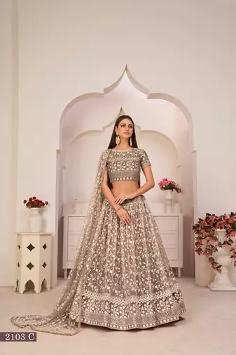 Chocolate Brown Net White Thread Zari Sequence Embroidered Work Lehenga Choli 