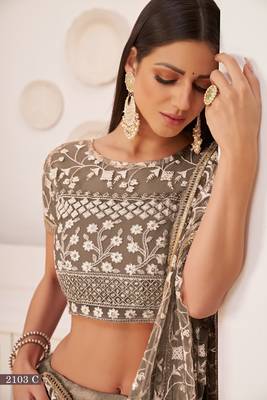 Chocolate Brown Net White Thread Zari Sequence Embroidered Work Lehenga Choli  3