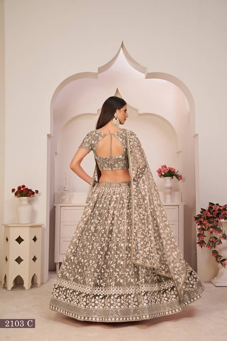 Chocolate Brown Net White Thread Zari Sequence Embroidered Work Lehenga Choli 