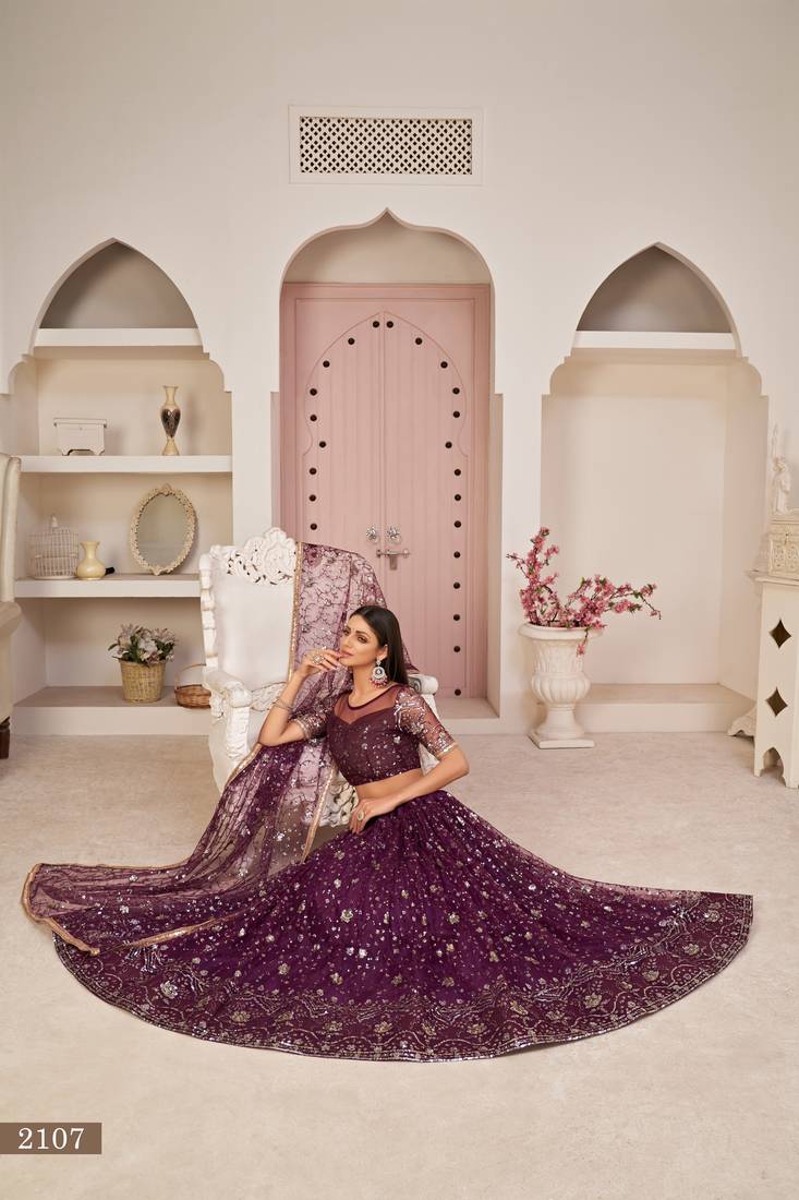Women's Wine Butterfly Net Thread With Zari Sandwich Sequence Embroidered Work Lehenga Choli For Festivals 