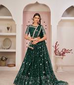 Women&#39;s Green Butterfly Net Thread With Zari Sandwich Sequence Embroidered Work Lehenga Choli For Festivals 