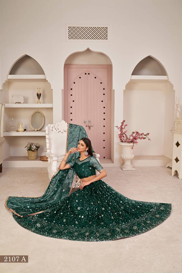 Women's Green Butterfly Net Thread With Zari Sandwich Sequence Embroidered Work Lehenga Choli For Festivals 