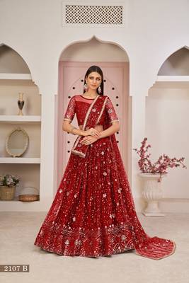 Women's Red Butterfly Net Thread With Zari Sandwich Sequence Embroidered Work Lehenga Choli For Wedding  1