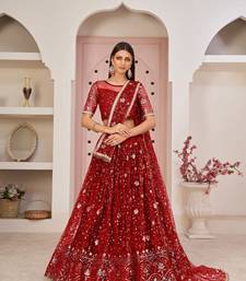 Women's Red Butterfly Net Thread With Zari Sandwich Sequence Embroidered Work Lehenga Choli For Wedding 