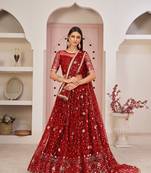 Women's Red Butterfly Net Thread With Zari Sandwich Sequence Embroidered Work Lehenga Choli For Wedding 