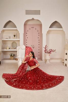 Women's Red Butterfly Net Thread With Zari Sandwich Sequence Embroidered Work Lehenga Choli For Wedding  2
