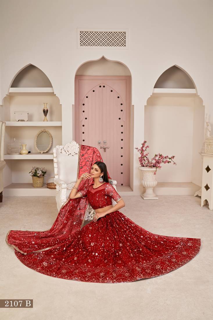 Women's Red Butterfly Net Thread With Zari Sandwich Sequence Embroidered Work Lehenga Choli For Wedding 