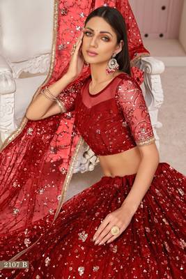 Women's Red Butterfly Net Thread With Zari Sandwich Sequence Embroidered Work Lehenga Choli For Wedding  3