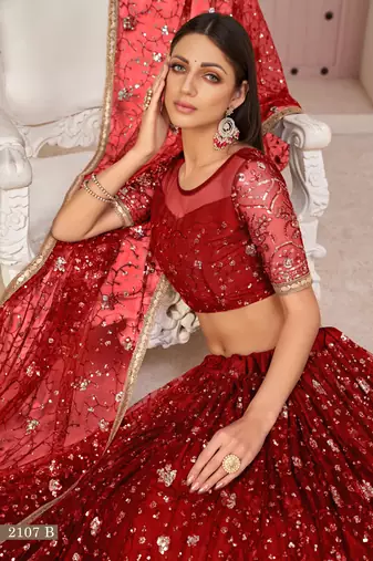 Women's Red Butterfly Net Thread With Zari Sandwich Sequence Embroidered Work Lehenga Choli For Wedding 