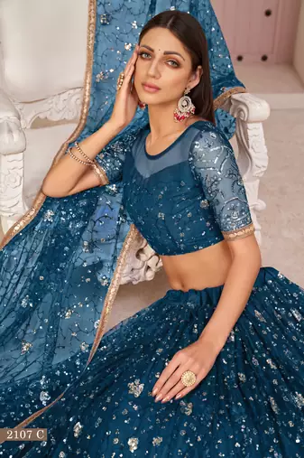  Blue Net Thread With Zari Sandwich sequins Embroidered Work Lehenga Choli 
