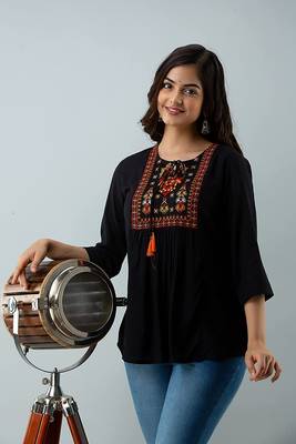 Womens rayon embroidered designer casual 3/4th sleeves tops & tunics 1
