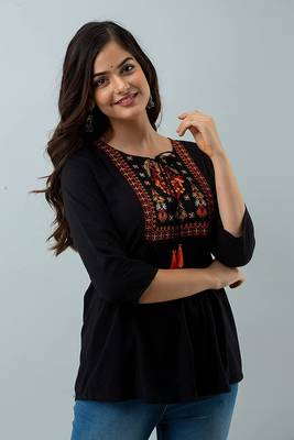 Womens rayon embroidered designer casual 3/4th sleeves tops & tunics 3
