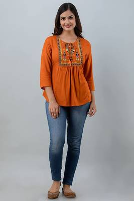 Womens rayon embroidered designer casual 3/4th sleeves tops & tunics 1