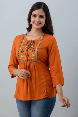 Womens rayon embroidered designer casual 3/4th sleeves tops & tunics 2