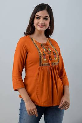 Womens rayon embroidered designer casual 3/4th sleeves tops & tunics 3