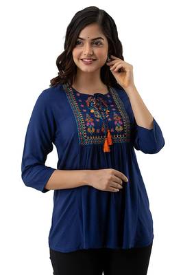 Womens rayon embroidered designer casual 3/4th sleeves tops & tunics 1
