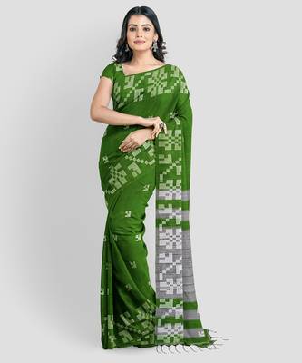 Green + hand woven + khadi + with running bloue 1