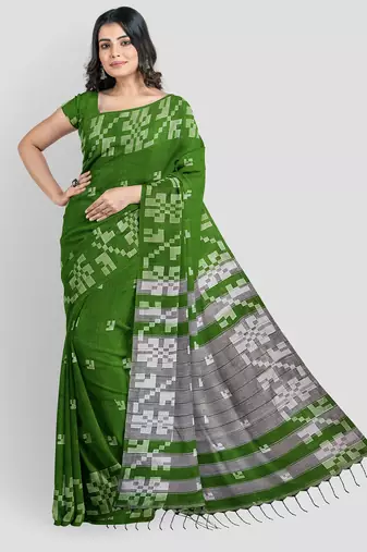 Green + hand woven + khadi + with running bloue