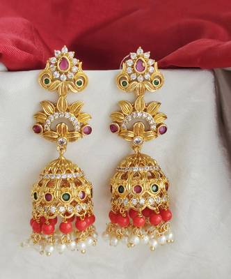 Gold plated cz organge beads long jhumka jhumki earrings with pearls 1