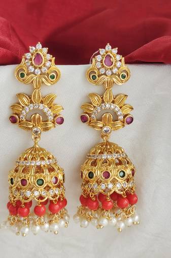 Gold plated cz organge beads long jhumka jhumki earrings with pearls