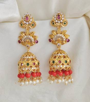 Gold plated cz organge beads long jhumka jhumki earrings with pearls 2