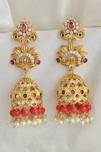 Gold plated cz organge beads long jhumka jhumki earrings with pearls