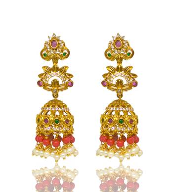 Gold plated cz organge beads long jhumka jhumki earrings with pearls 3