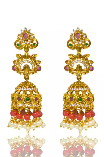 Gold plated cz organge beads long jhumka jhumki earrings with pearls