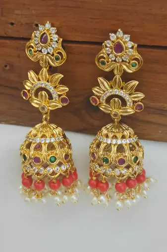Gold plated cz organge beads long jhumka jhumki earrings with pearls