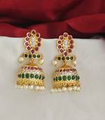Bellamoire gold toned indian ethnic traditional  kemp kempu jhumka jhumki earring red green for women and girls