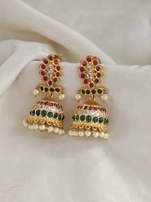 Bellamoire gold toned indian ethnic traditional  kemp kempu jhumka jhumki earring red green for women and girls 2