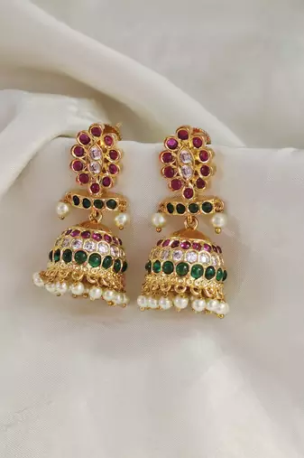 Bellamoire gold toned indian ethnic traditional  kemp kempu jhumka jhumki earring red green for women and girls