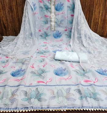 Blue Organza Unstitched Dress Material 2