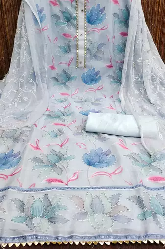 Blue Organza Unstitched Dress Material