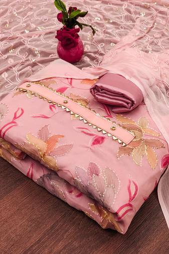 Peach Organza Unstitched Dress Material