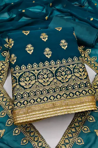 Manvaa Women'S elegant Navyblue And Rama Color Heavy Zari Embrodiery Georgette Combo Dress Material