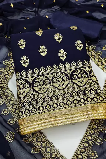Manvaa Women'S elegant Navyblue And Rama Color Heavy Zari Embrodiery Georgette Combo Dress Material