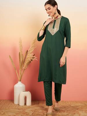 DARK GREEN SEQUANCE PATCH WORK KURTA SET 1